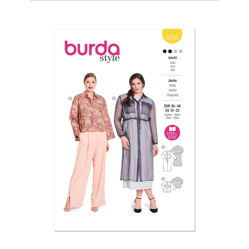 Burda Style 5750 Sewing Pattern Loose Fit Jacket Duster US 10-22 Easy DIY